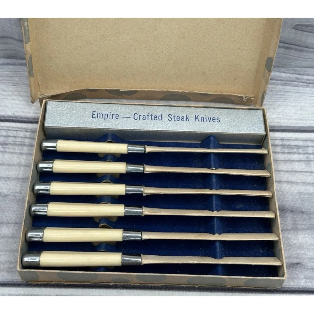 SET OF 6 VINTAGE EMPIRE STEAK KNIVES‎ WITH CELLULOID HANDLES - IN ORIGINAL BOX